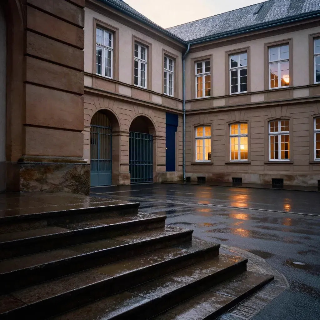 Das Hessische Landtagsgebäude in Wiesbaden bei Abendlicht, still und nass nach der Sitzung.