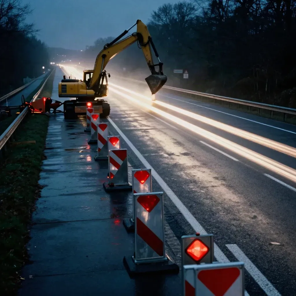 Nachtbaustelle auf der Autobahn, nasse Fahrbahn, reflektierende Sperren und Lichtspuren