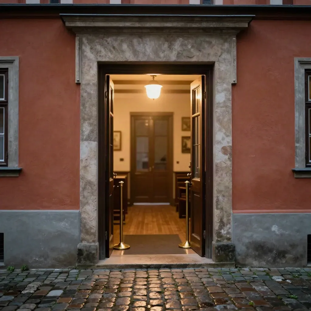 Offene Tür eines Kulturhauses in Hessen mit warmem Licht auf dem Pflaster