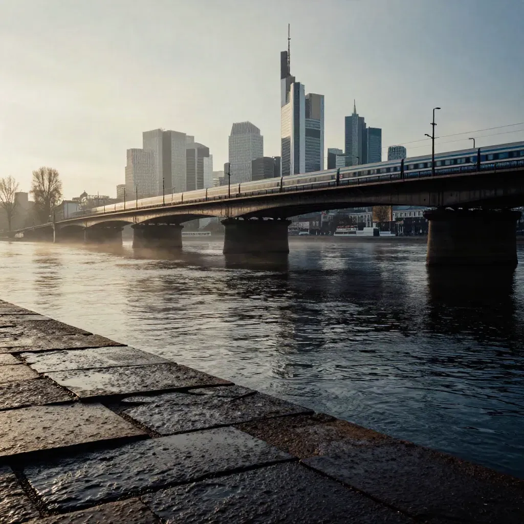 Nasse Steine am Mainufer, S-Bahn-Brücke und Frankfurter Skyline im Morgennebel.
