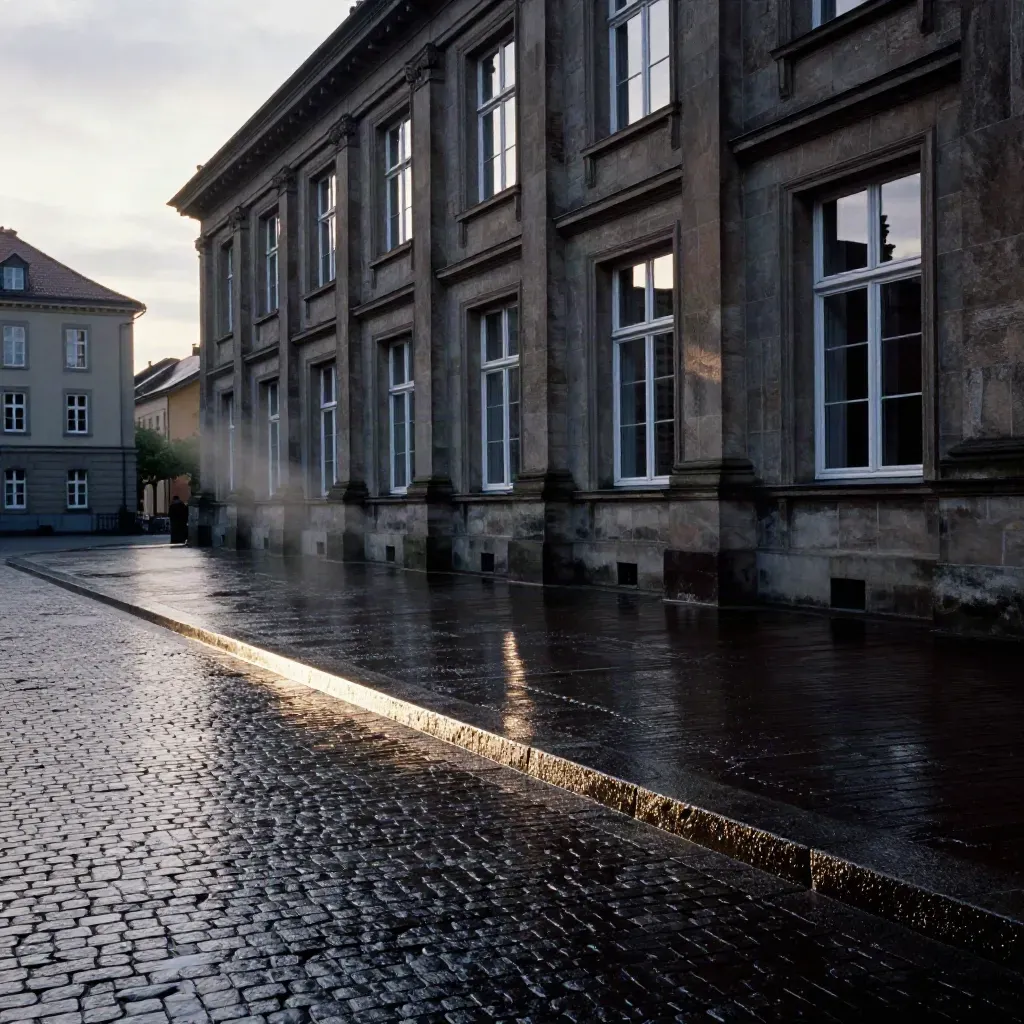 Innenhof des Wiesbadener Landtags mit nassen Steinsäulen und spiegelnden Fenstern im Abendlicht